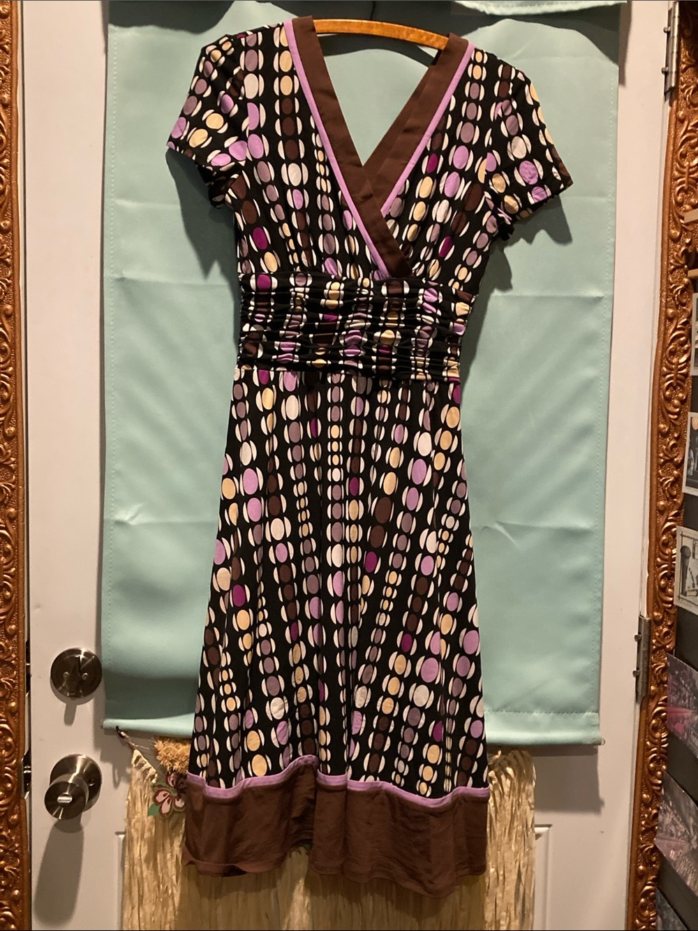 Sandra Darren Brown Midi Dress with Purple and Cream Dot Print with brown trim